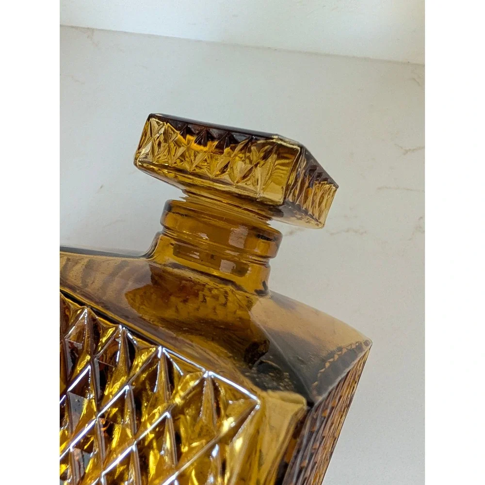 Vintage Amber Glass Decanter Diamond Point Square Bottle with Stopper MCM Honey